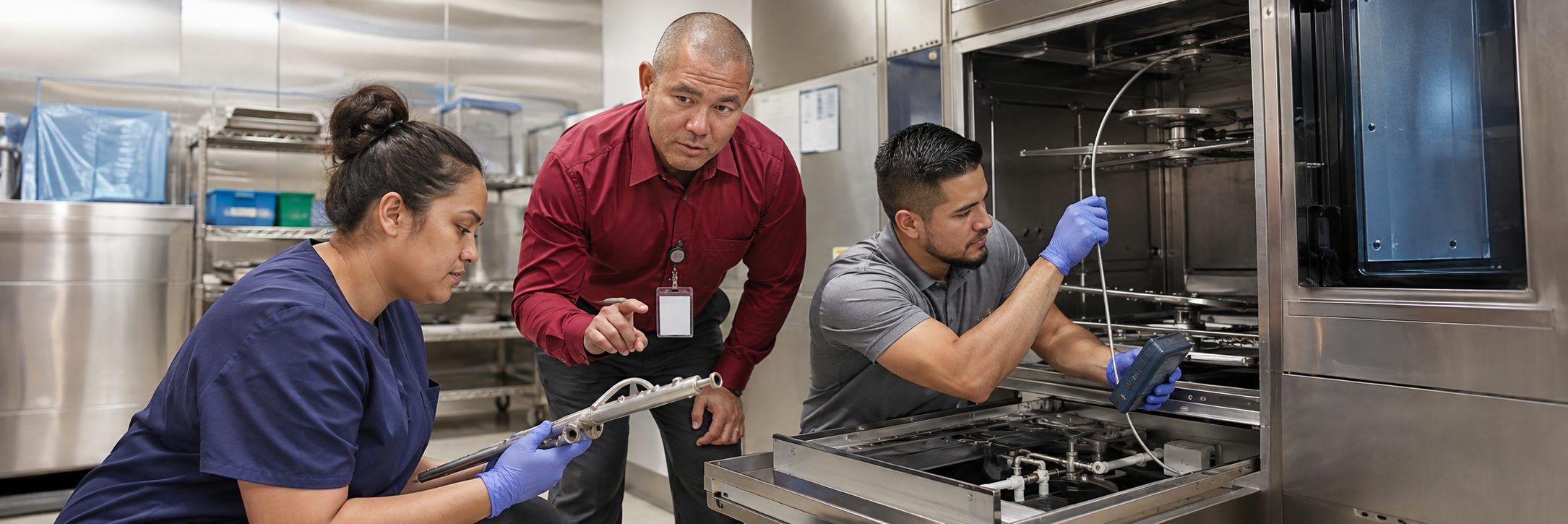 Operating room surgical light inspection and service | BiomedRx HTM services HTM technicians inspecting operating room surgical lights during scheduled service