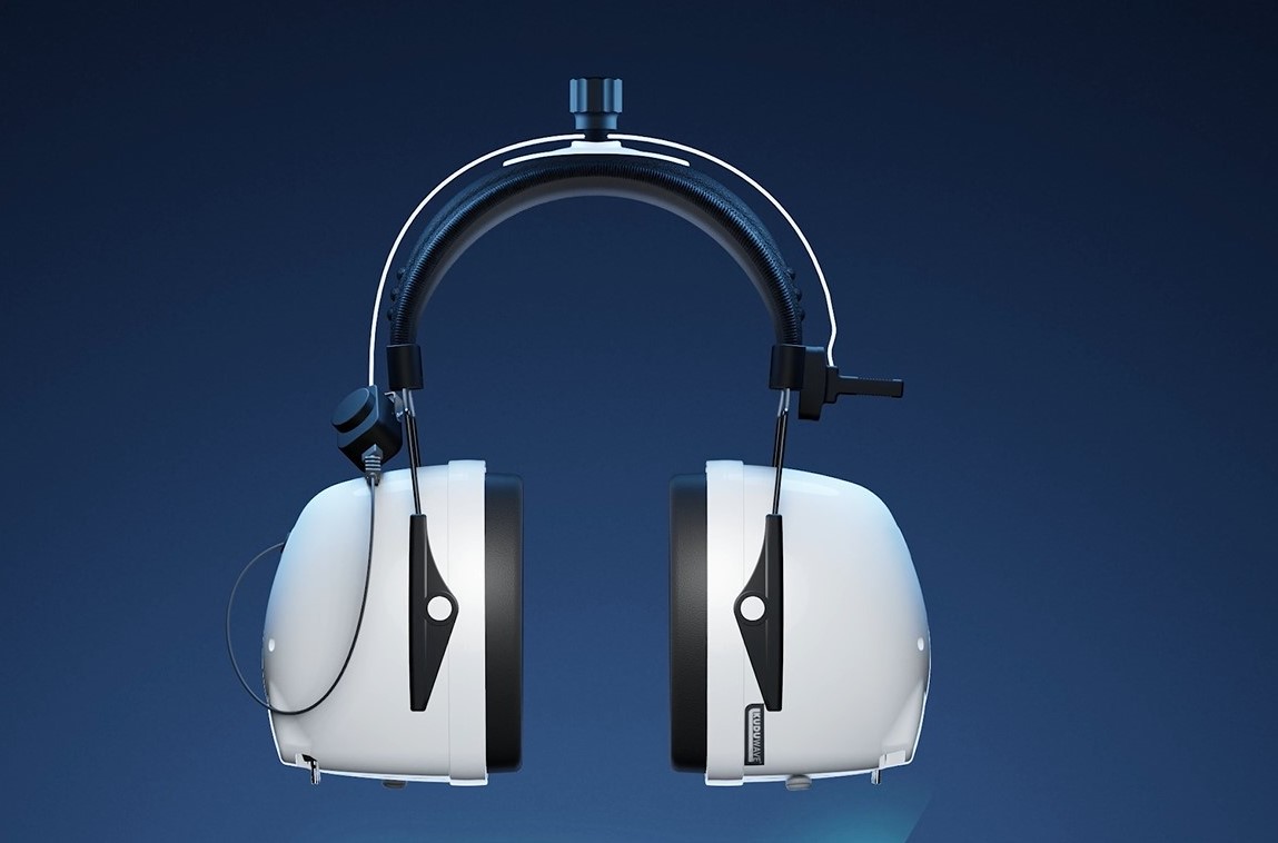 Calibrated audiometer headset ready for testing
